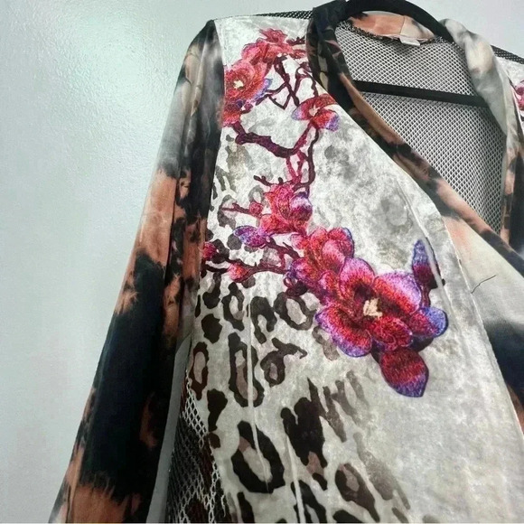 kamana Open Front Cardigan Contrasting Pattern Mesh and Velvet Detail Sz M - Picture 3 of 14